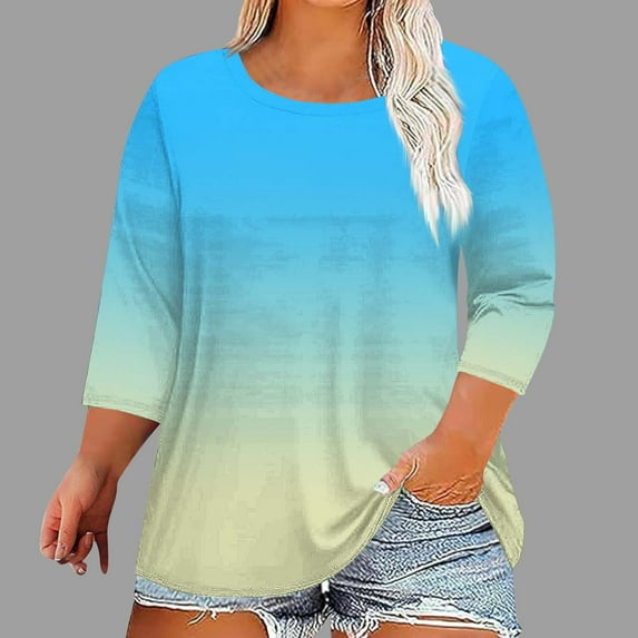 Royisotas Casual Tops for Women Gradient Color Summer 3/4 Sleeve Sky Blue T-Shirts Loose Crew Neck Oversized Fashion Shirts