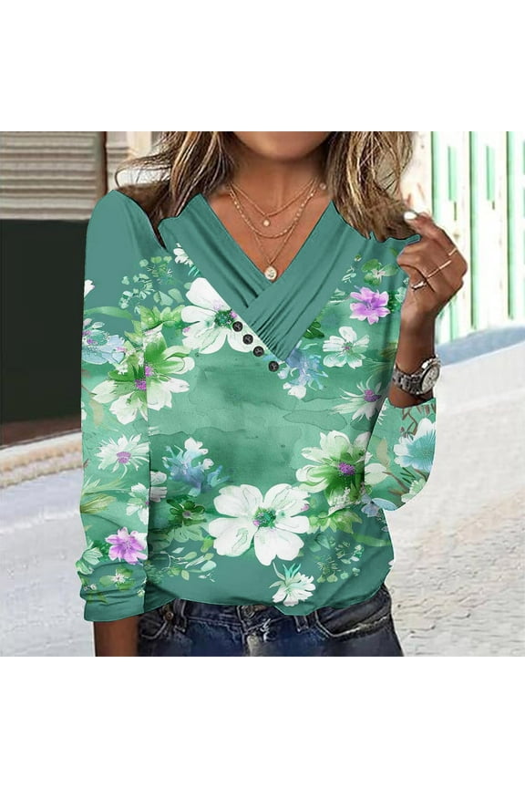 Casual Tops for Women Long Sleeve Floral Army Green Fall and Winter Blouses for Women Loose Fit Button Pullover V-Neck T-Shirt