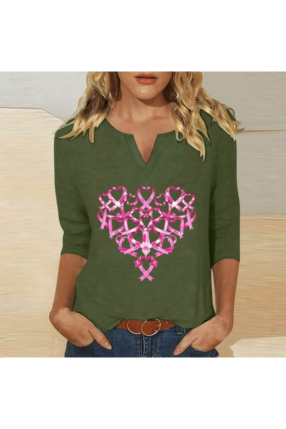 Casual Tops for Women Plus Size Army Green 3/4 Sleeve Breast Cancer Awareness Day Summer Shirts V-Neck Loose Fit Womens Tshirts