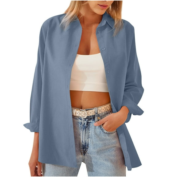 Royisotas Casual Tops for Women Plus Size Cotton Tunic Fall Long Sleeve Women's Button Down Shirts Office Collared Solid Blue Button up Shirts