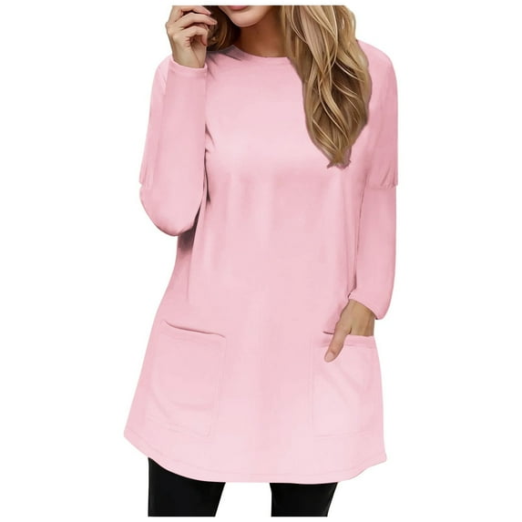 Royisotas Casual Tops for Women Plus Size Fall and Winter Pink Solid Color Long Sleeve Plus Size Womens Blouses Loose Fit Crew Neck Pocket T Shirts