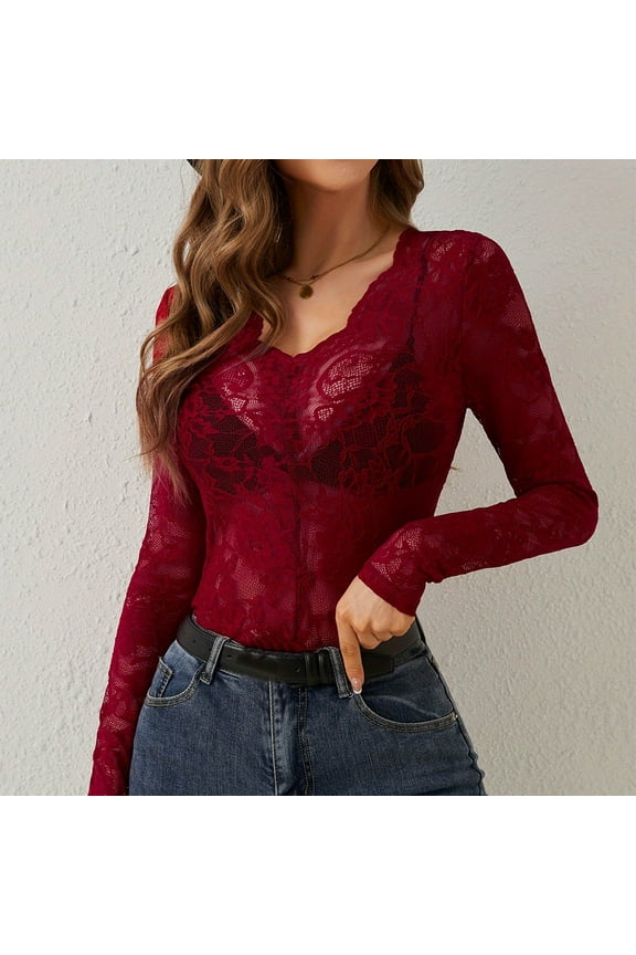 Casual Tops for Women Plus Size Fall and Winter Wine Lace Splicing Long Sleeve Women’s Blouses V-Neck Fashion Skinny Tshirts