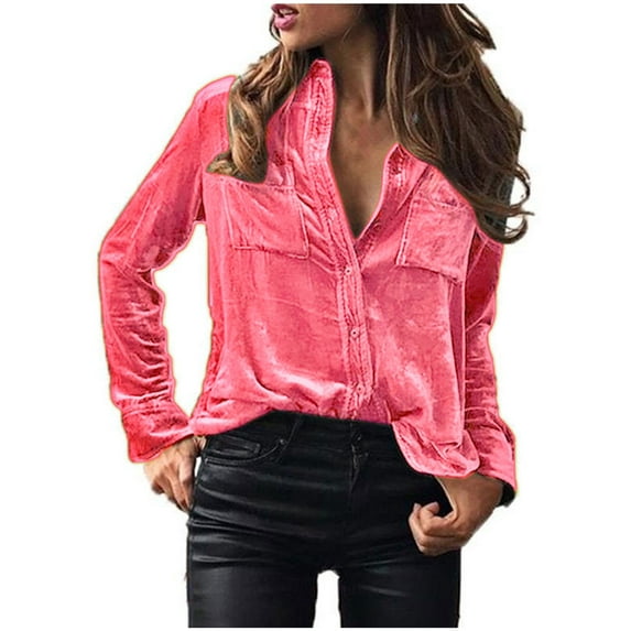 Royisotas Casual Tops for Women Plus Size Fitted Long Sleeve Velvet Fall and Winter Women Button Down Shirt Pink Pocket Collared Button up Shirts