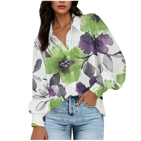 Royisotas Casual Tops for Women Plus Size Long Sleeve Winter Puffy Sleeve Soft Womens Button Down Shirt Floral Collared Green Button up Shirts