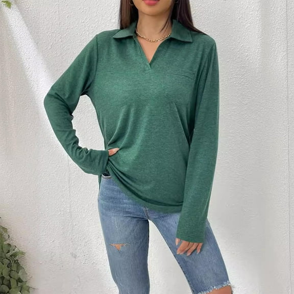 Royisotas Casual Tops for Women Plus Size Tshirt Long Sleeve Solid Color Green Fall and Winter Women's Blouse Collared Loose Fit Tshirt