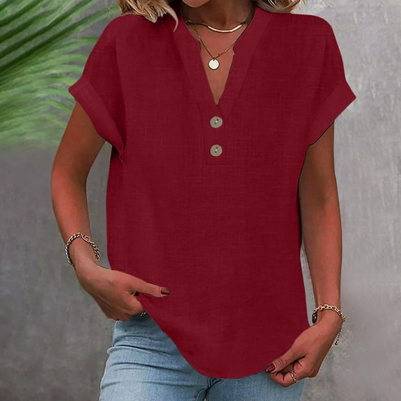 Goodtrade8 Casual Women Going Out Tops Short Sleeve Button Red Cotton Linen V-Neck Solid Color Womens Shirts