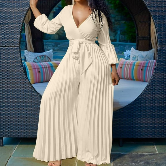 Royisotas Casual Dressy Fall and Winter Oversized Long Sleeve Women Jumpsuit Cinched Waist Wide-Leg Pleated V-Neck Pants Rompers