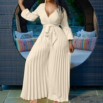 Royisotas Casual Dressy Fall and Winter Oversized Long Sleeve Women Jumpsuit Cinched Waist Wide-Leg Pleated V-Neck Pants Rompers