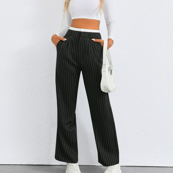 Royisotas Casual Women Pants Striped High Waist Fall Trousers Flat Front Pants with Pockets Straight-Leg Button