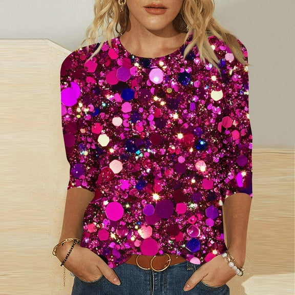 Royisotas Casual Women Plus Size Tops 3/4 Sleeve Summer Sequin Hot Pink Plus Size for Shirts Blouses Crew Neck Fashion Loose Fit Womens Tshirt