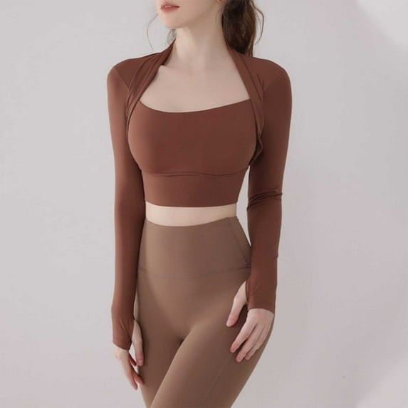 Royisotas Casual Women Plus Size Tops Coffee Long Sleeve Summer Solid Color Women Shirts with Chest Pads Slim Crew Neck Sports Tshirts