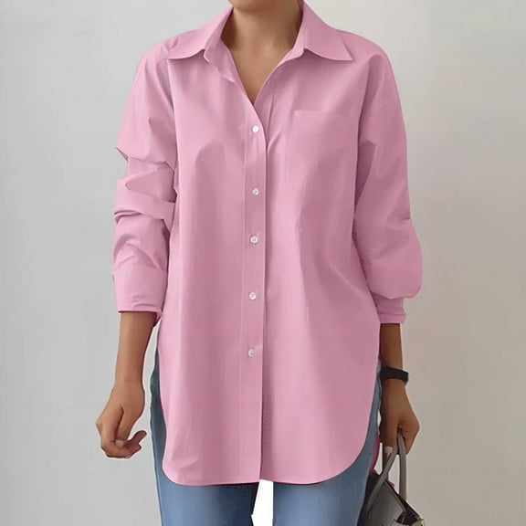 Royisotas Casual Women Plus Size Tops Winter Long Sleeve Side Slit Plus Size Button Down Shirts for Women Pocket Collared Pink Button up Shirts
