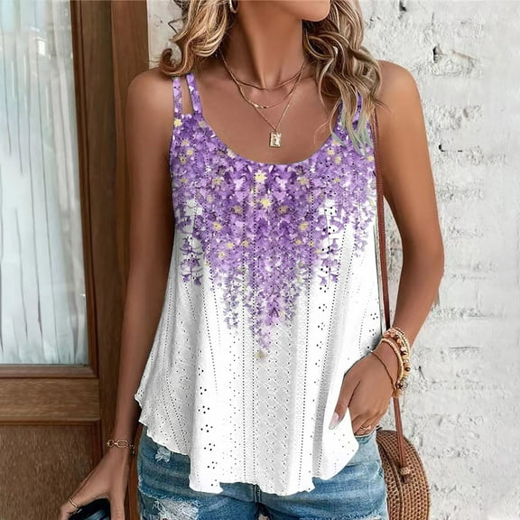 Royisotas Casual Women Tank Tops Summer Purple Sleeveless Womens Camisole Floral Gaphic Cut-Out Crew Neck Womens Cami Tops Plus Size