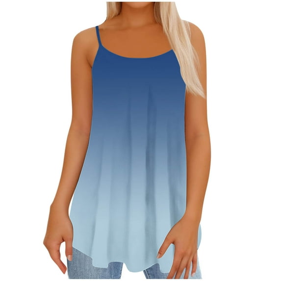 Royisotas Casual Women Tank Tops Summer Sleeveless Navy Camisoles for Women Plus Crew Neck Thin Strap Gradient Color Pleated Women's Tanks & Camis