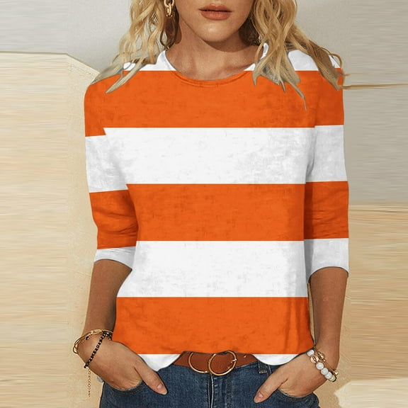 Royisotas Casual Women Tops Color Block Striped Summer Orange 3/4 Sleeve Women's Shirts Fashion Crew Neck Loose Fit Womens Tshirt