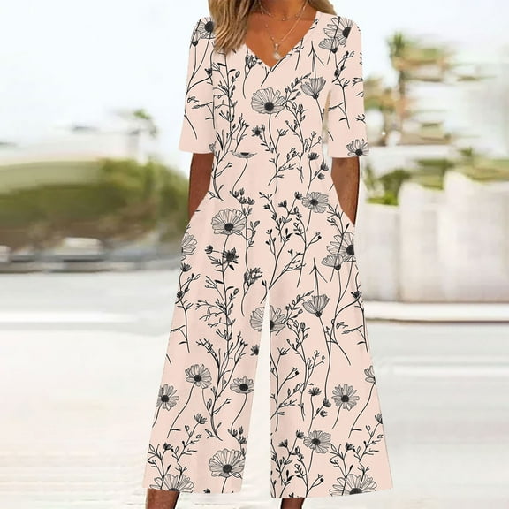 Royisotas Casual Floral Baggy Sleeveless Fall and Winter Jumpsuits for Women Pocket Adjustable Straps Wide-Leg Cuffed Crew Neck Rompers