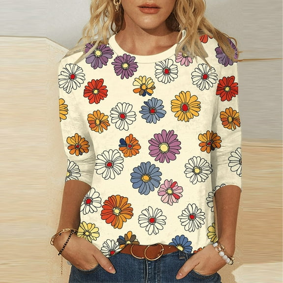 Royisotas Casual Women's Plus Size Tops Floral Graphic Yellow Summer 3/4 Sleeve Womens T Shirts Loose Crew Neck Shirts Plus Size