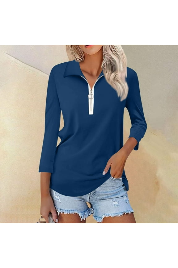 Casual Women's Plus Size Tops Solid Color 3/4 Sleeve Fall Navy Women Blouses Plus Size Lapel Loose Fit Half Zipper Tshirt