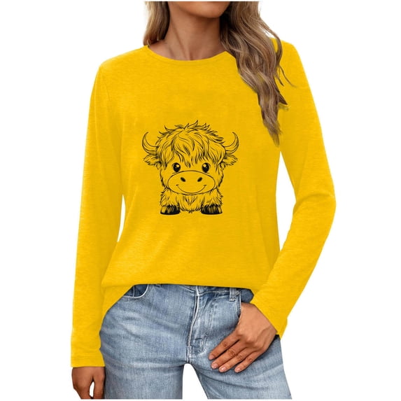 Royisotas Casual Women's Plus Size Tops Yellow Graphic Long Sleeve Winter Shirts Loose Fit Crew Neck Tunic T-Shirts for Women