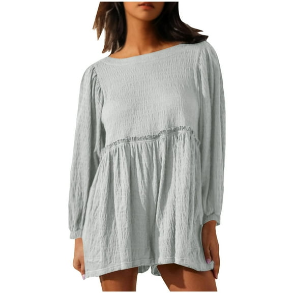 Royisotas Casual Womens Plus Shorts Pleated Summer Loose Jumpsuit Shorts Wide Leg Long Sleeved Romper Solid Color Shorts