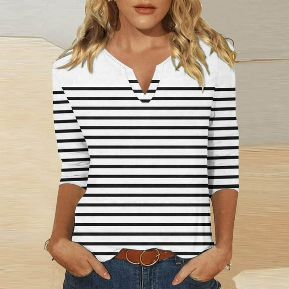 Royisotas Casual Womens Plus Size Tops Fall White Three Quarter Sleeve Striped Women Blouses and Shirts Comfy Loose Fit V-Neck T-Shirts