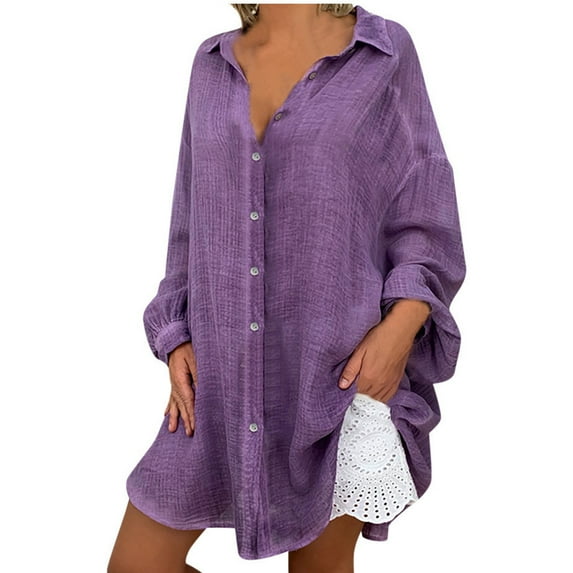 Royisotas Casual Womens Plus Size Tops Long Sleeve Cotton Linen Gauze Fall and Winter Womens Button Down Blouses Collared Purple Button up Shirts