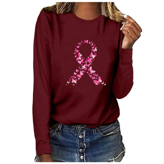 Royisotas Casual Womens Plus Tops Wine Long Sleeve Breast Cancer Awareness Day Fall and Winter Shirts Loose Fit Crew Neck Women's T-Shirts