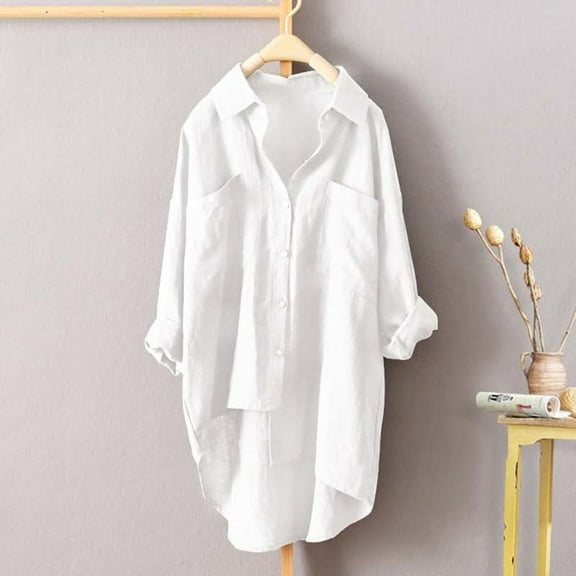 Royisotas Casual Womens Plus Tops Winter Long Sleeve High Low Women's Button Down Shirts and Blouses White Pocket Solid Collared Button up Shirts