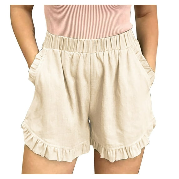Royisotas Casual Womens Shorts Plus Size Summer Cotton Linen Loose Chino Shorts Elastic Waist Ruffle Pocket Solid Color Shorts