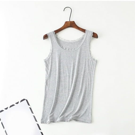 Royisotas Casual Womens Tank Tops Cotton Sleeveless Summer Gray Camisoles for Women undershirt Lace Patchwork Crew Neck Women's Tanks & Camis