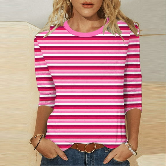 Royisotas Casual Womens Tops Plus Size 3/4 Sleeve Pink Summer Striped Womens Tshirts Comfortable Loose Crew Neck Shirts