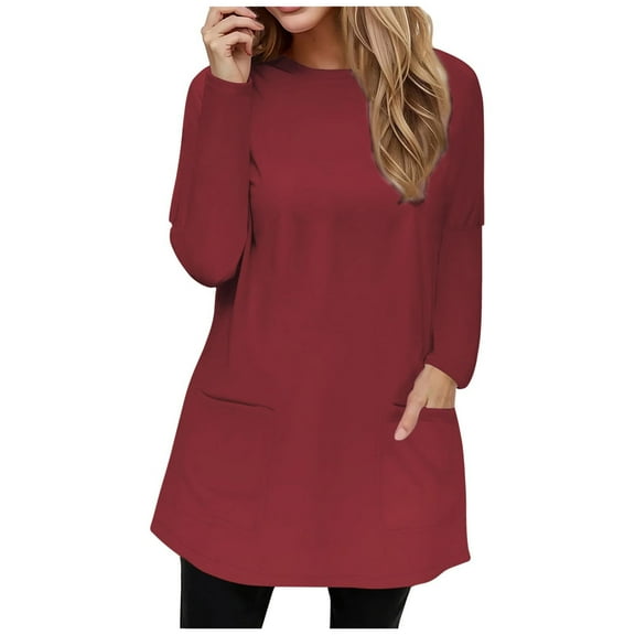 Royisotas Casual Womens Tops Plus Size Wine Solid Color Fall and Winter Long Sleeve Women's Blouse Pocket Loose Fit Crew Neck T Shirts