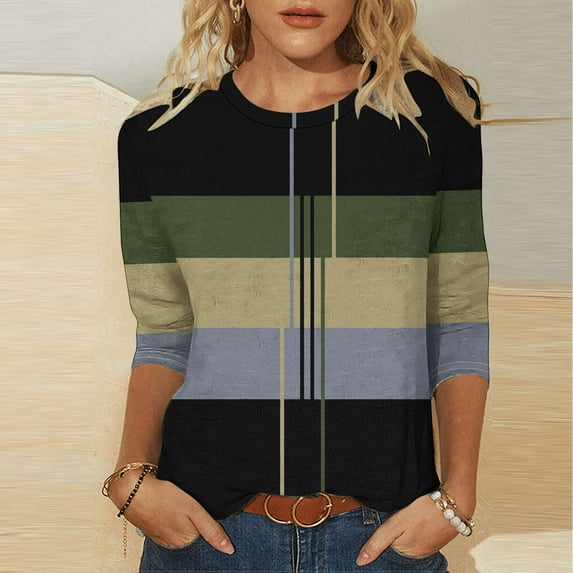 Royisotas Casual Womens Tops Striped 3/4 Sleeve Summer Army Green TShirts Crew Neck Loose Shirts