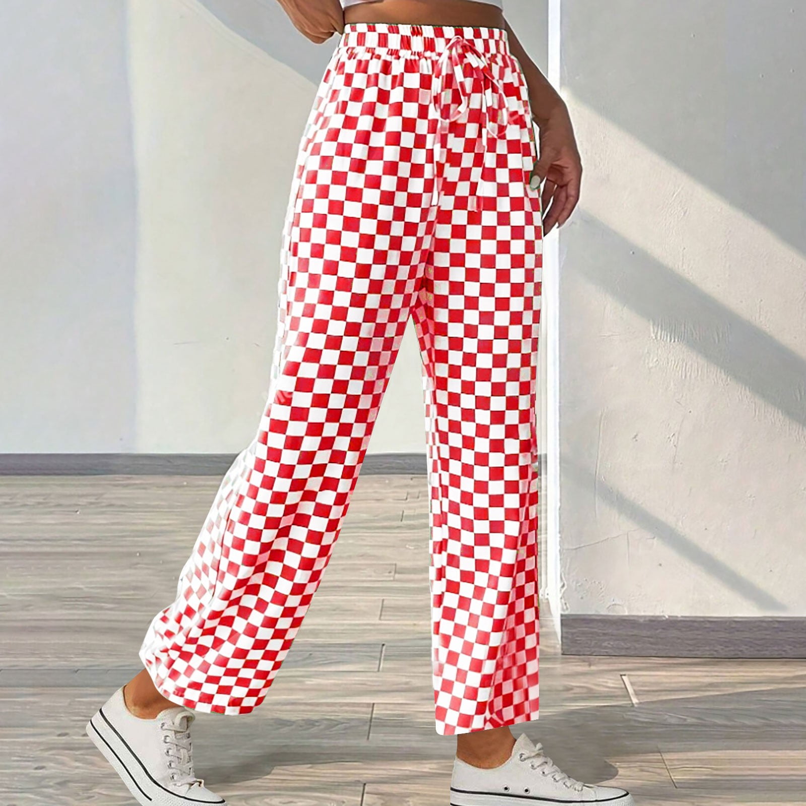 Royisotas Checkered Pants Women Straight Wide Leg Casual Summer