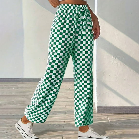 Royisotas Checkered Pants Women Summer High Waist Casual Straight Wide Leg Palazzo Drawstring Elastic Waist Pants