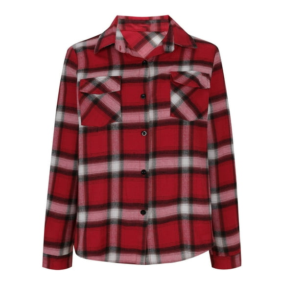 Royisotas Checkered Womens Plus Size Tops Casual Long Sleeve Fall Collared Womens Button Down Blouse Lapel Red Pockets Button up Shirts