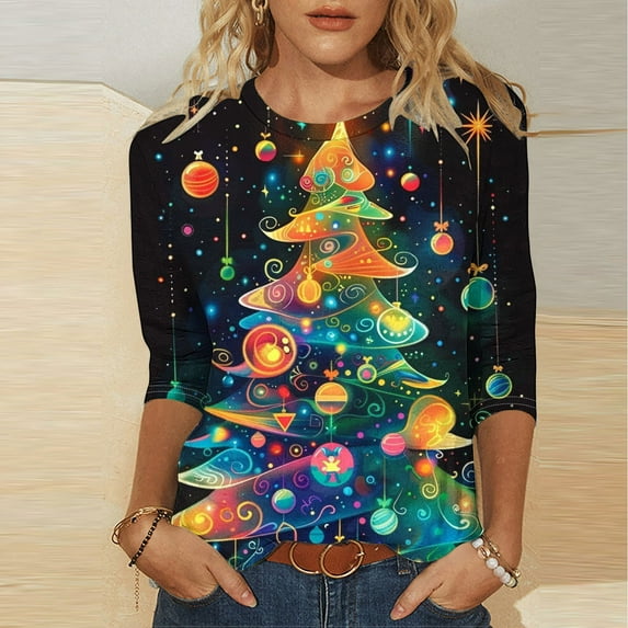 Royisotas Christmas Women Plus Size Tops Three Quarter Sleeve Fall Casual Navy Shirts Loose Fit Crew Neck Womens Tshirts