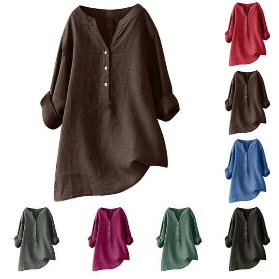 Royisotas Coffee Womens Tops 3/4 Sleeve Cotton Linen Button V-Neck Solid Color Womens Shirts Plus Size