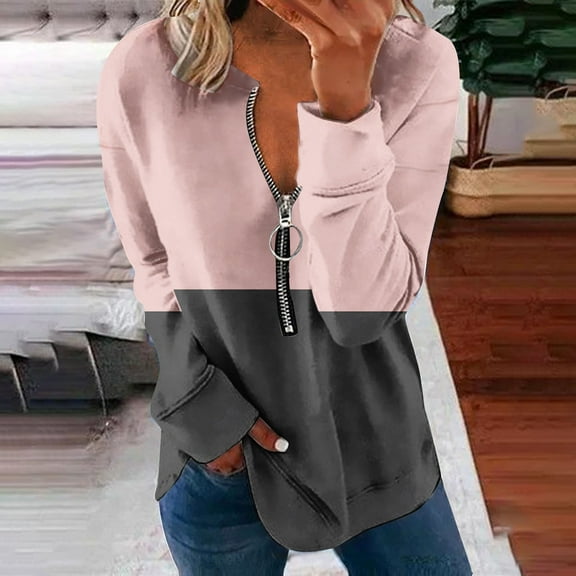 Royisotas Color Block Plus Size Sweatshirts for Women Fall and Winter Long Sleeve Tunic Pullover Pink Casual Crew Neck Half Zip No Hood Tops