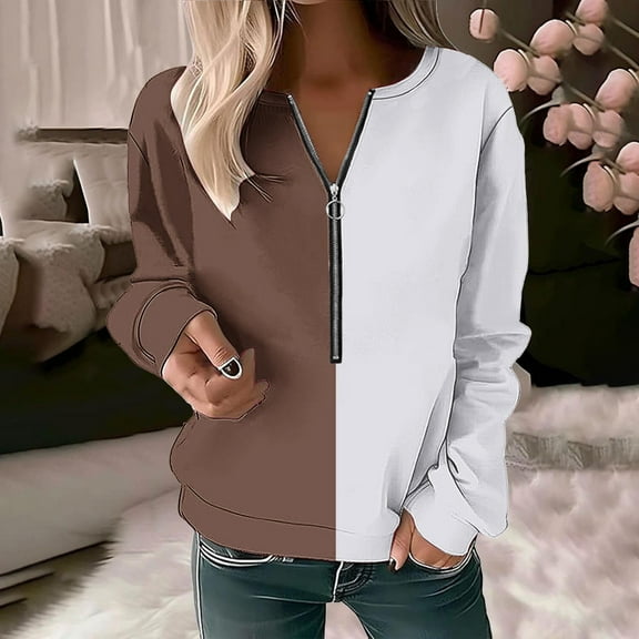 Royisotas Color Block Plus Size Sweatshirts for Women Long Sleeve Fall Tunic Pullover Crewneck Casual Brown Half Zip No Hood Tops
