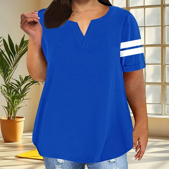 Goodtrade8 Color Block Womens Casual Tops Plus Size Short Sleeve Blue V-Neck Casual Womens Shirts Plus Size