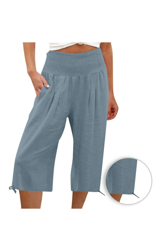 Cotton Linen Womens Pants High Waist Casual Summer Wide Leg Straight Cropped Pants with Pockets Elastic Waist Womens Capris