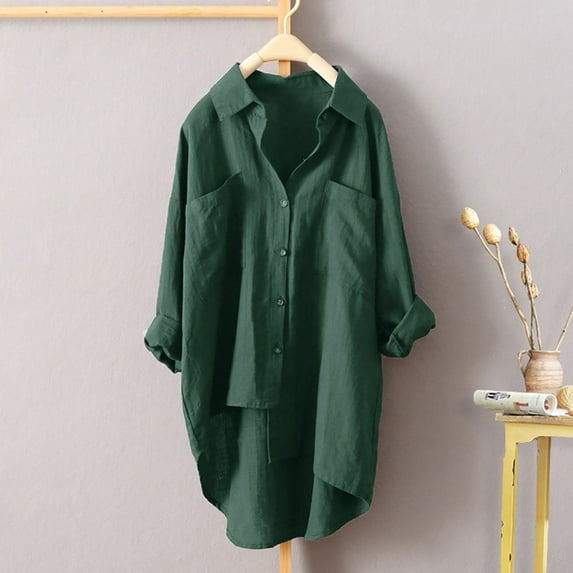 Royisotas Cotton Linen Womens Tops Plus Size Winter Casual Long Sleeve High Low Women's Button Down Shirts Collared Green Pocket Button up Shirts