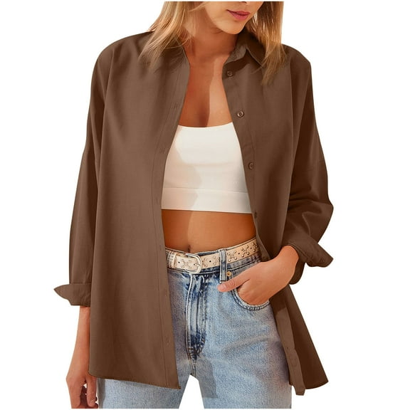 Royisotas Cotton Tops Women Tunic Casual Long Sleeve Fall Women's Button Down Shirts and Blouses Coffee Solid Office Collared Button up Shirts