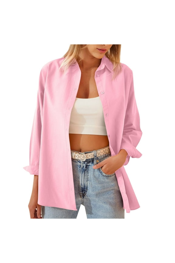 Cotton Women's Plus Size Tops Tunic Casual Long Sleeve Fall Women's Button Down Shirts Office Solid Collared Pink Button up Shirts