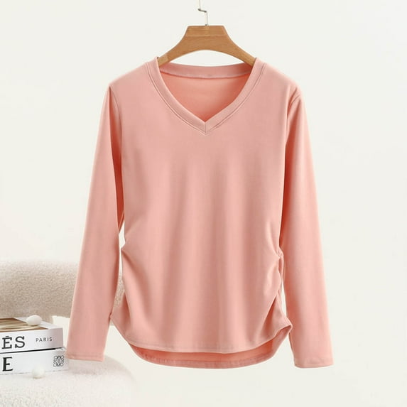 Royisotas Cotton Women's Tops Casual Long Sleeve Pink Fall and Winter Plus Size for Shirts Solid Color Loose Fit V-Neck Base Womens Tshirts