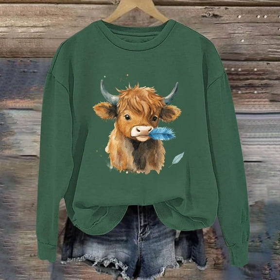 Royisotas Cow Graphic Women's Sweatshirts Fall Long Sleeve Pullover Loose Fit Soft Casual Crew Neck No Hood Blouse
