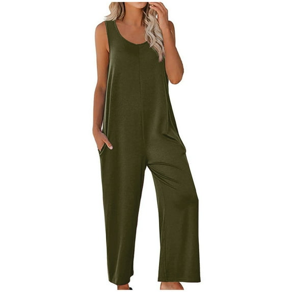 Royisotas Crew Neck Plus Size Fall Sleeveless Straight Leg Casual Jumpsuit Women with Pockets Loose Romper Plus Size