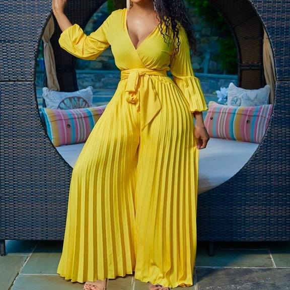 Royisotas Dressy Fall and Winter Oversized Long Sleeve Casual Womens Jumpsuit Pleated Cinched Waist Wide-Leg V-Neck Romper Plus Size