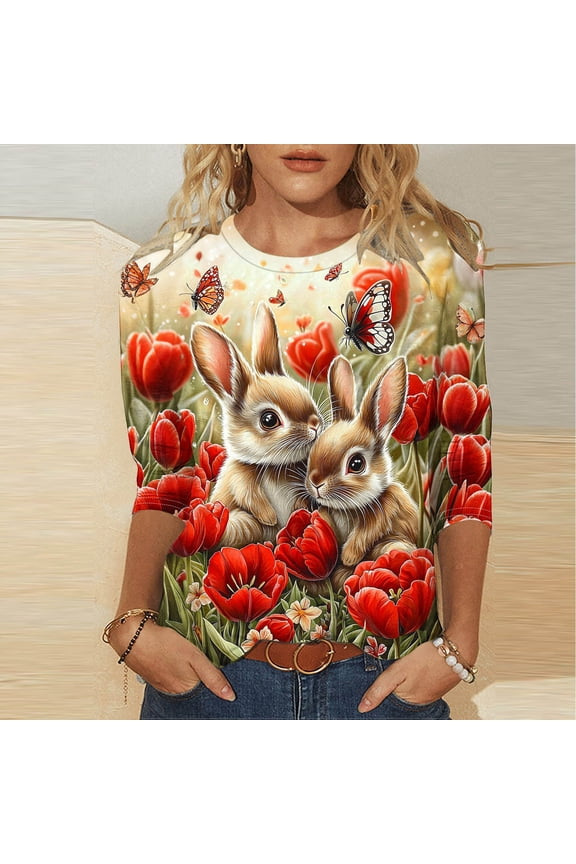 Easter Shirts for Women: Bunny Rabbit Graphic T-Shirts Easter Day 3/4 Sleeve Tee Tops